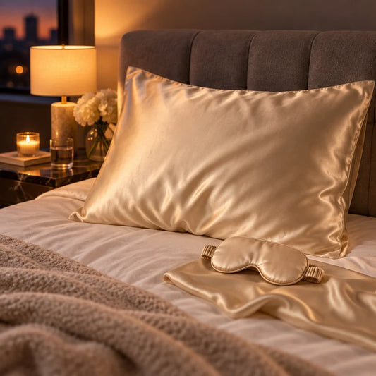 Pack sérénité Maison Silk : taie en soie de mûrier Champagne et masque de sommeil en soie 